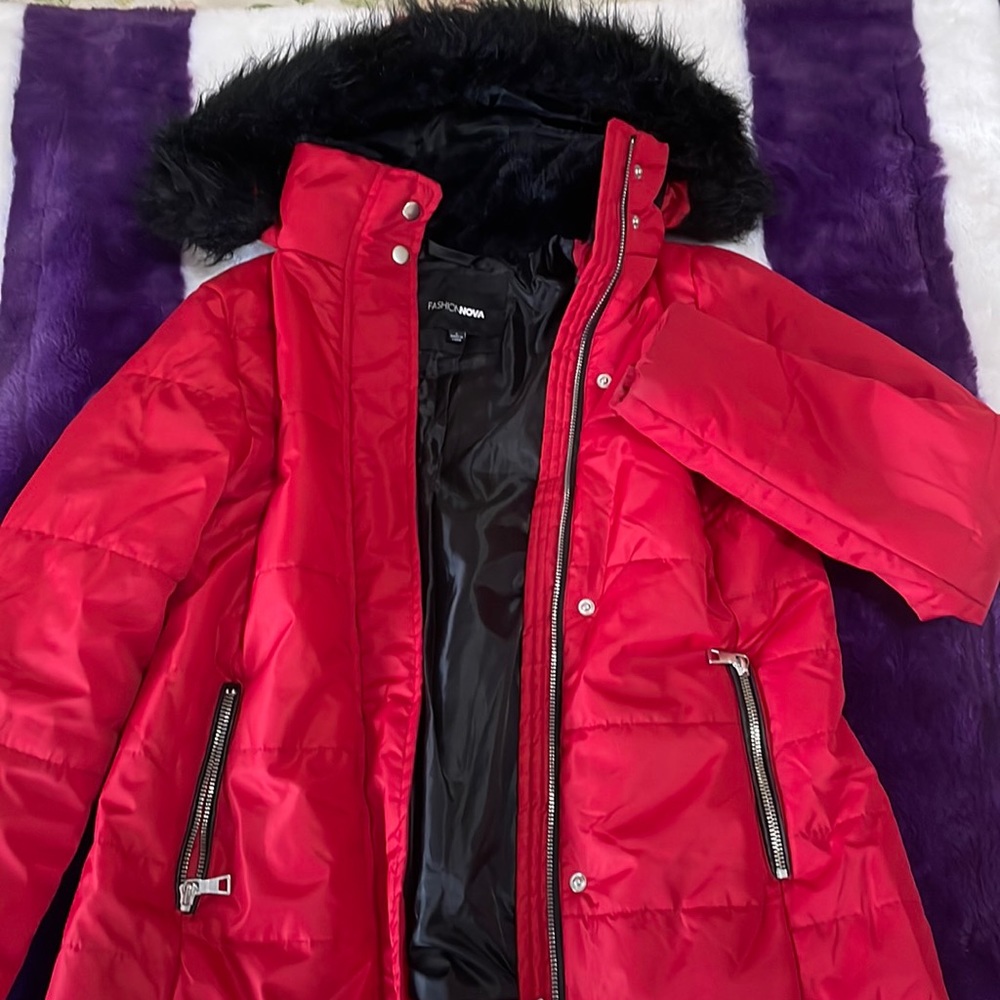 Red puffer jacket